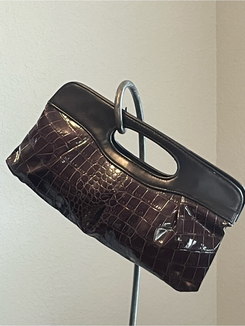 b. bag Glossy Brown Croc Embossed Clutch Oval Cutout Top Handle